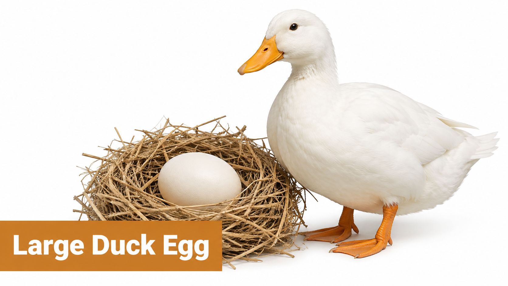 A white duck standing next to a straw bird's nest containing a single large white egg.