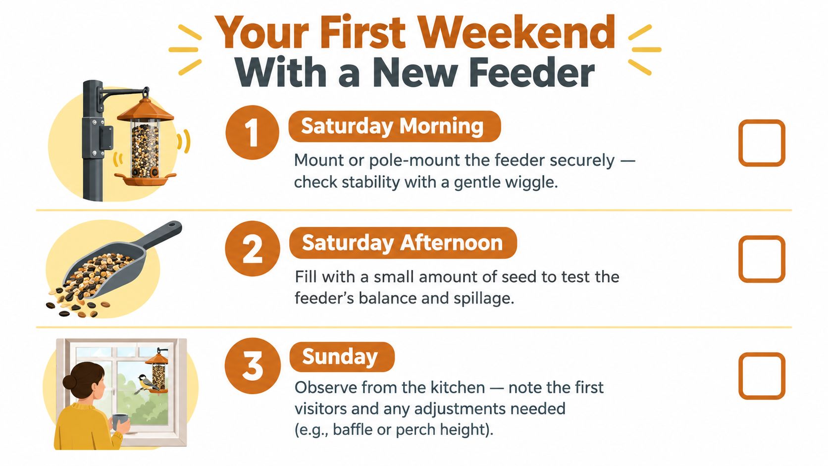 An instructional infographic detailing three steps for setting up a new wild bird feeder on the weekend.