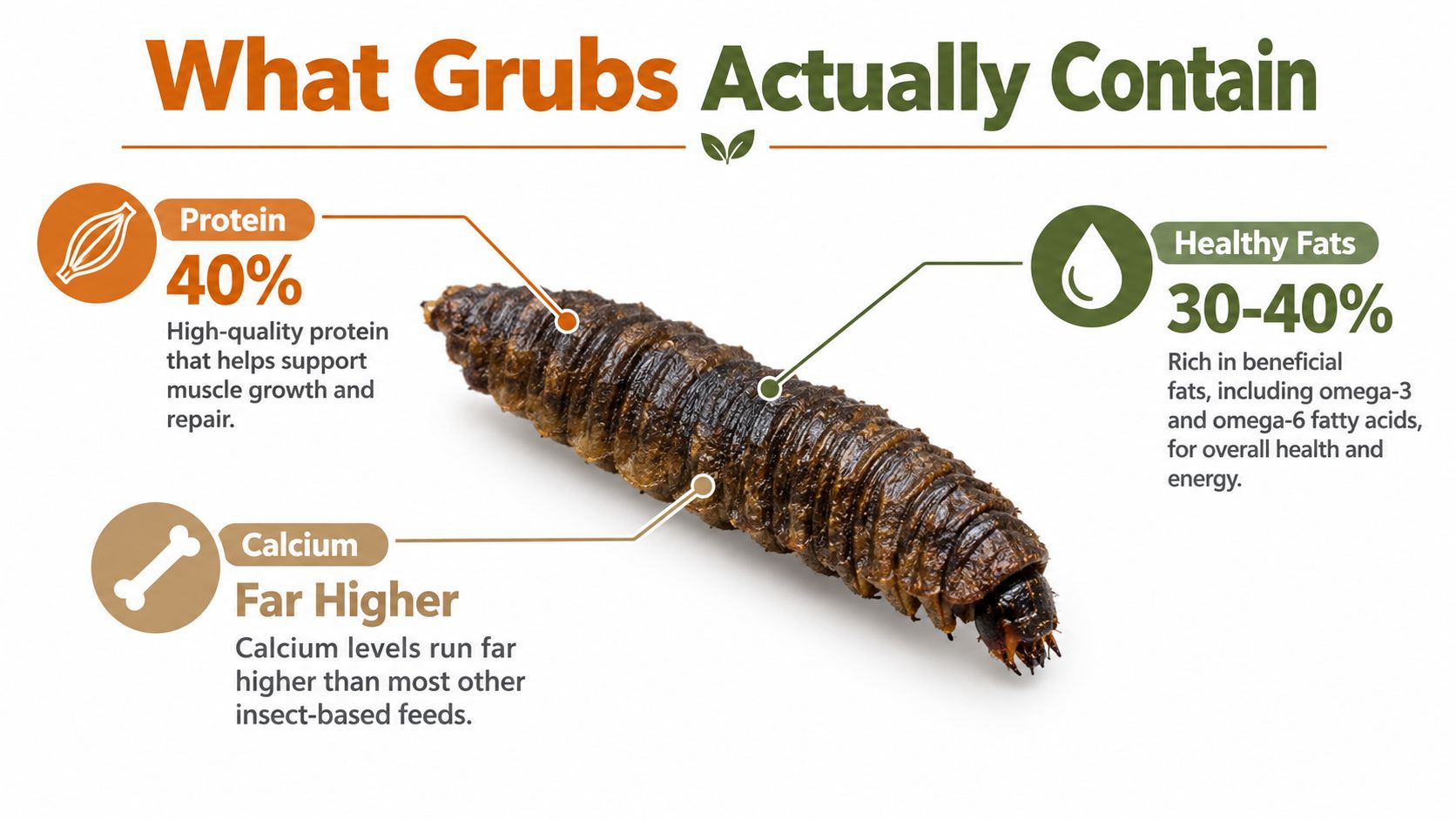 An infographic detailing the nutritional breakdown of grubs, including protein, healthy fats, and high calcium content.