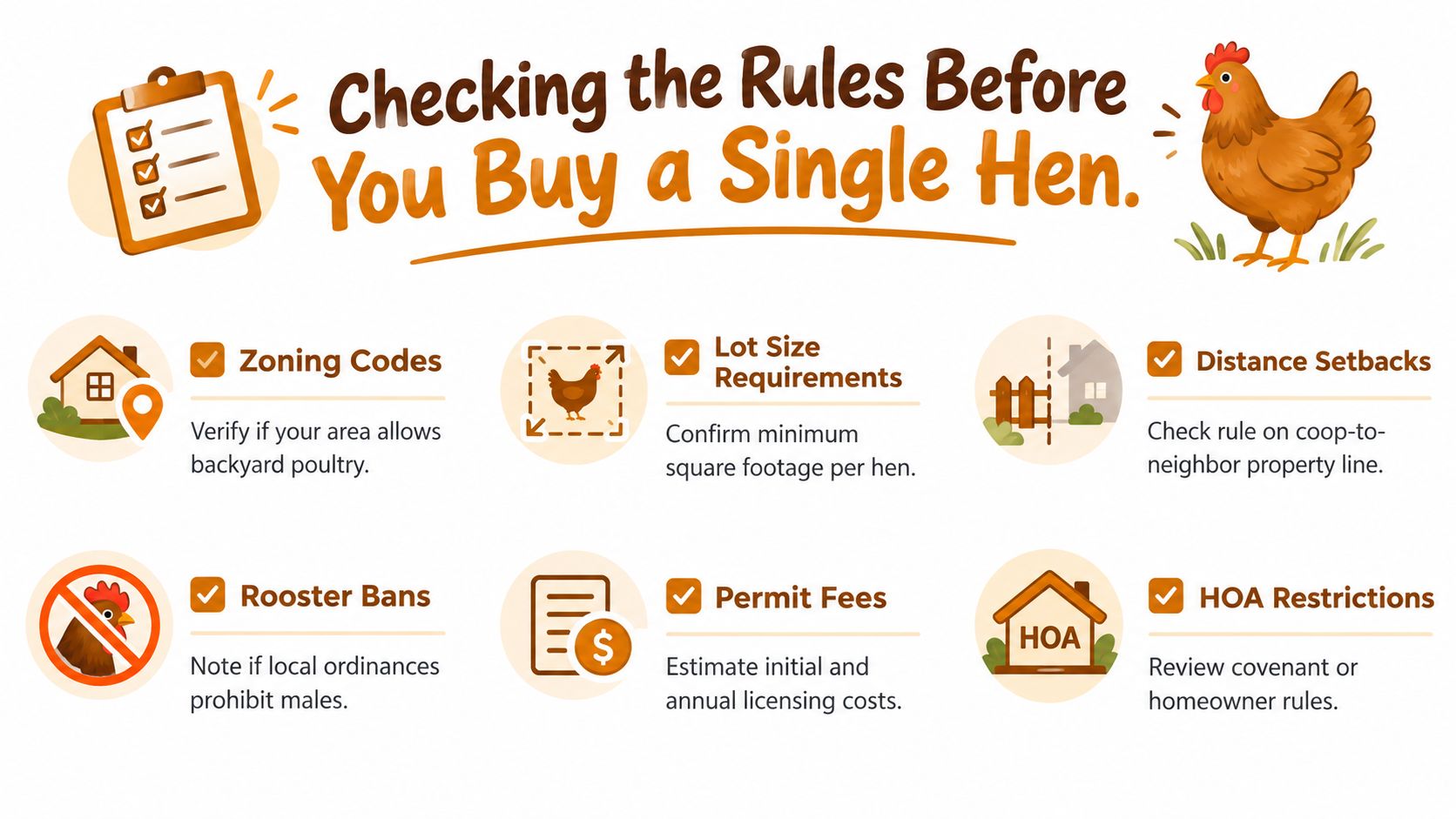 An infographic checklist for prospective backyard chicken owners outlining local zoning, space, and HOA regulations.