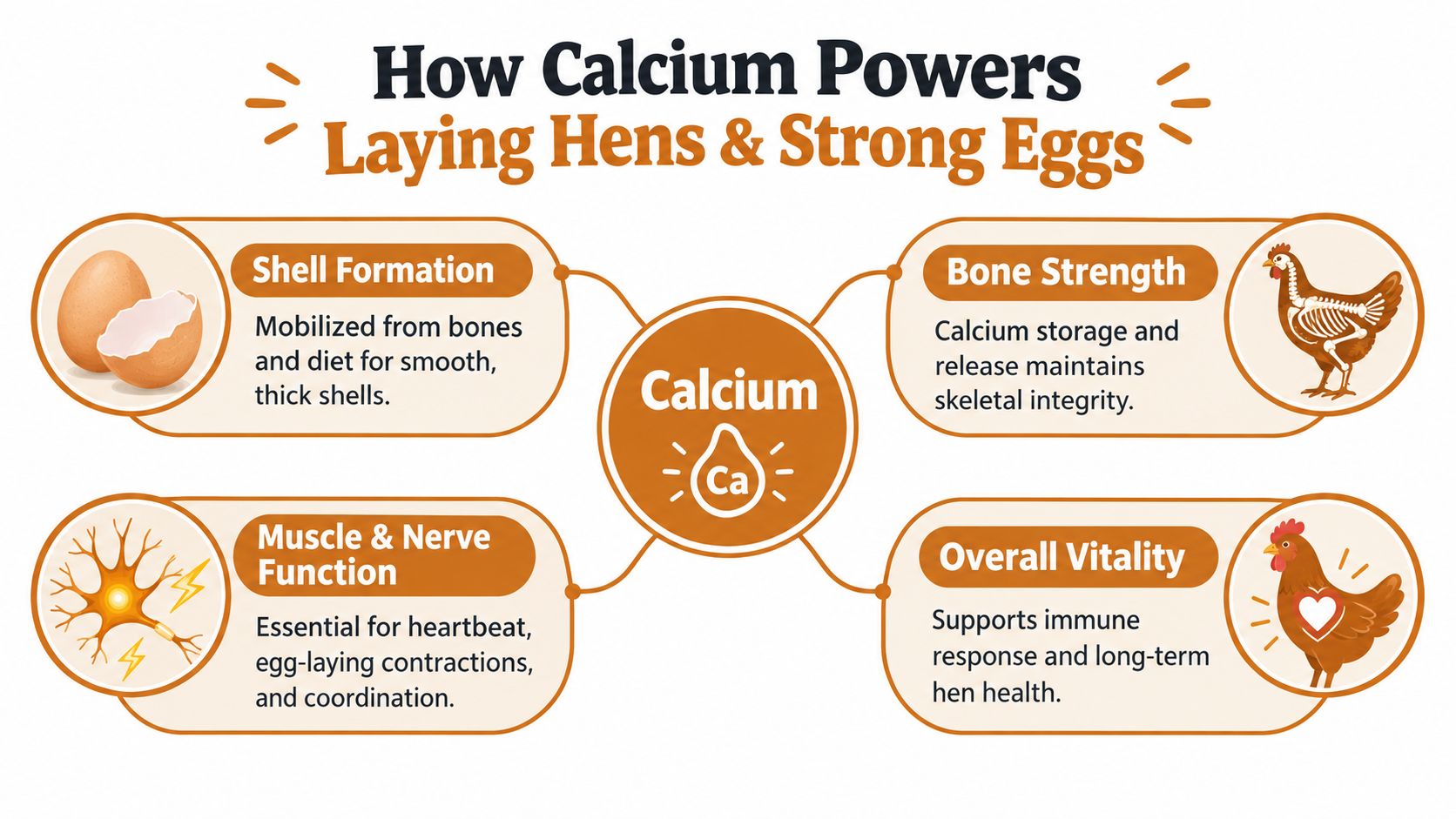 An infographic showing how calcium supports eggshell formation, bone strength, muscle function, and overall vitality in hens.