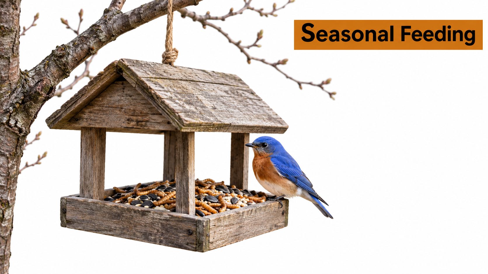 A beautiful bluebird perched on a wooden bird feeder filled with seeds and dried mealworms.