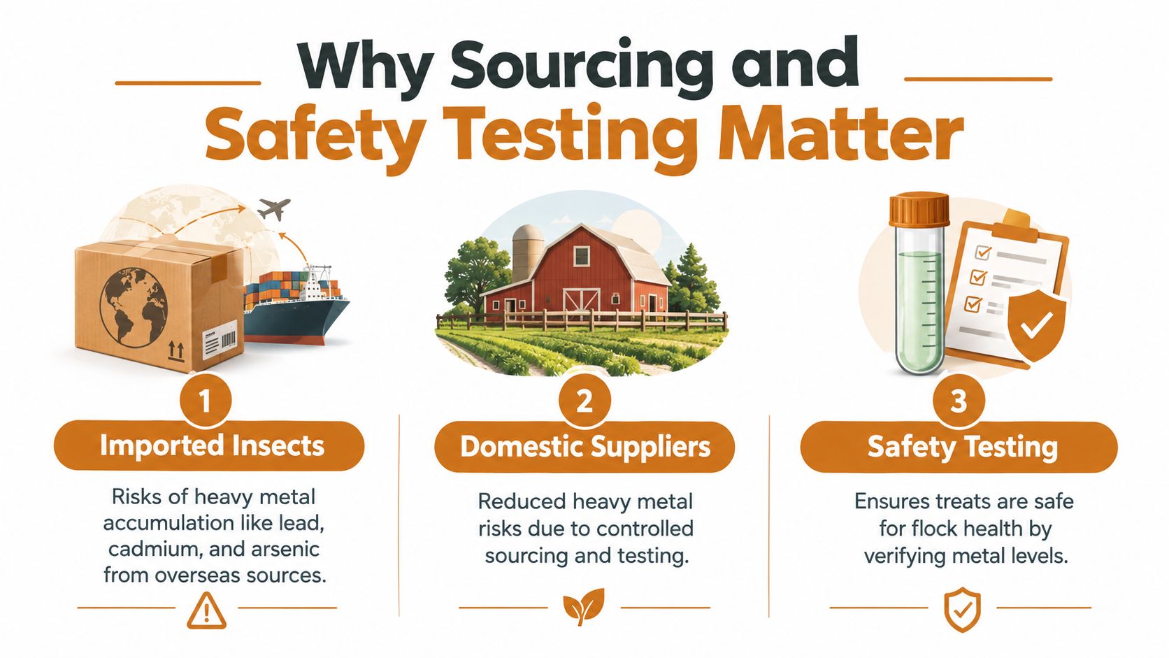 An infographic showing why sourcing and safety testing matter for imported and domestic chicken treat insects.
