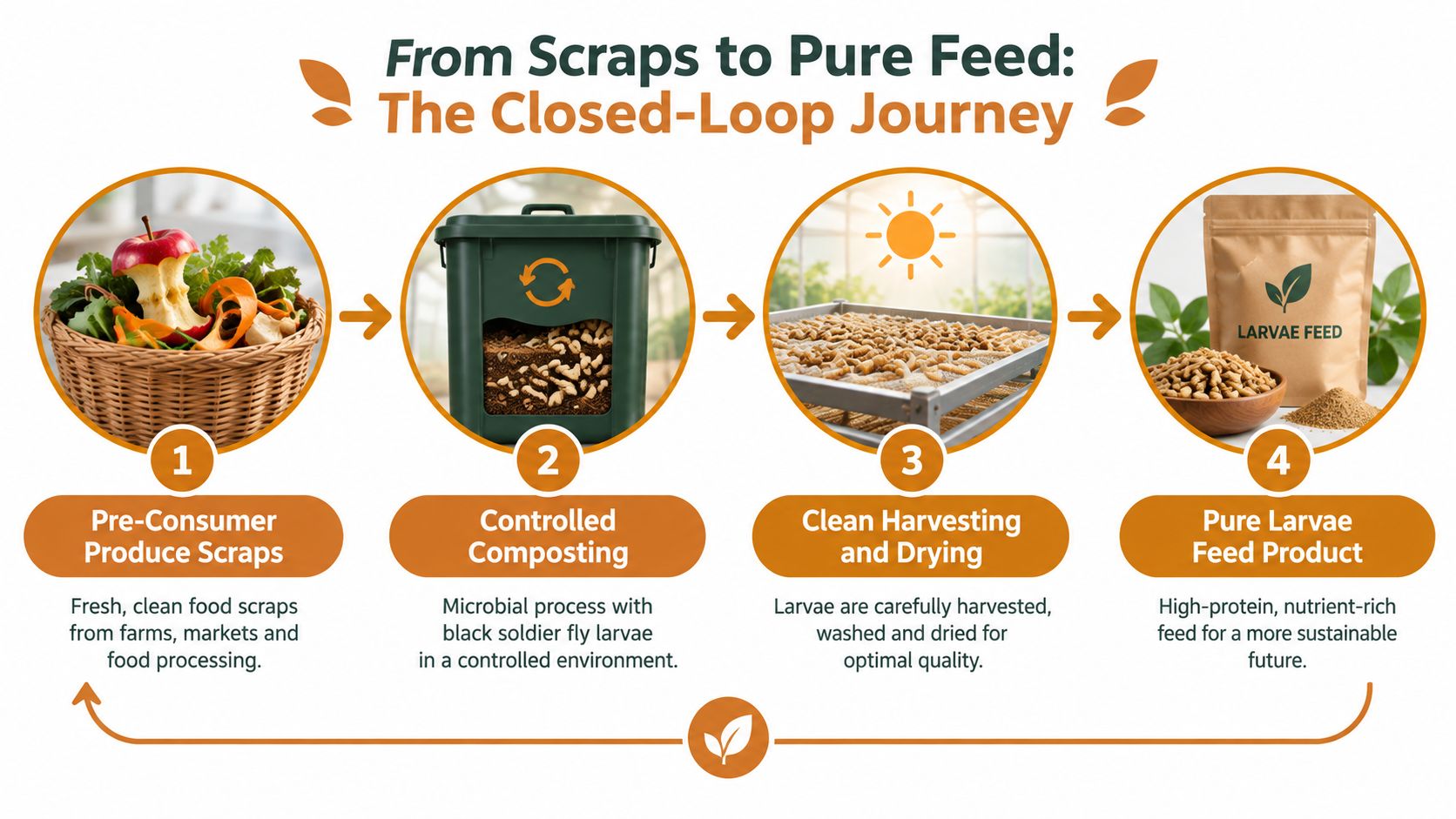 A diagram illustrating the closed-loop process of transforming food scraps into nutrient-rich larvae animal feed.
