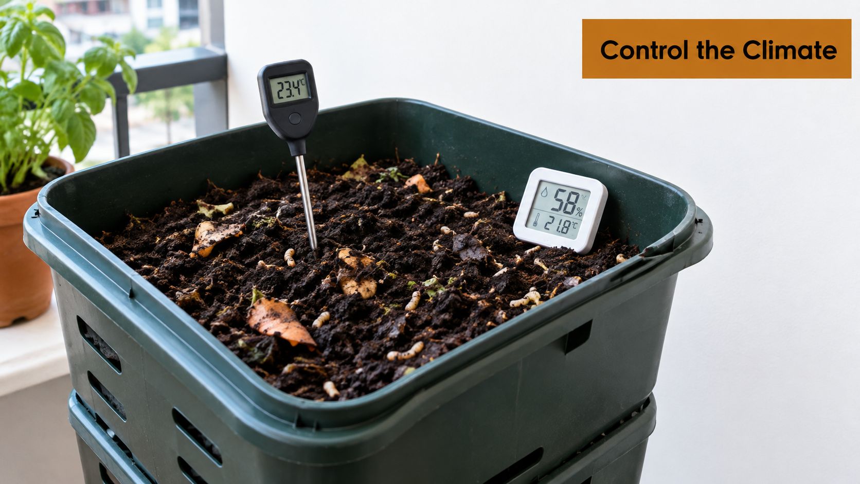 A digital thermometer and humidity sensor measure conditions inside a compost bin with black soldier fly larvae.