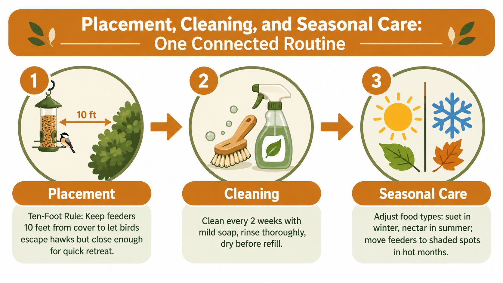 An infographic showing the three steps for bird feeder care: proper placement, regular cleaning, and seasonal adjustments.