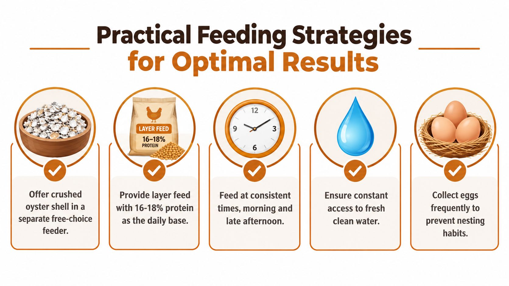 A guide illustrating five essential feeding strategies for raising healthy and productive egg-laying chickens.