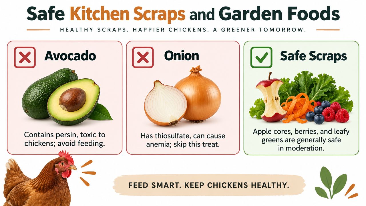 A graphic showing safe and unsafe food scraps for chickens, including avocados, onions, and healthy berries.
