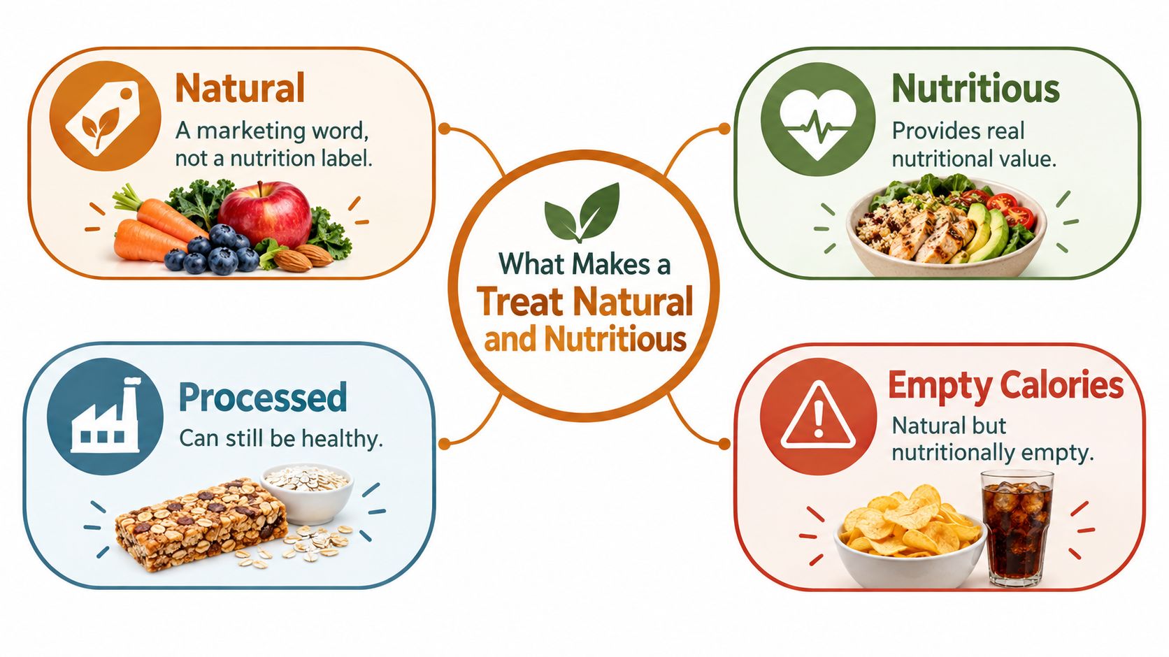 A diagram illustrating the concepts of natural, nutritious, processed, and empty calories in food choices.