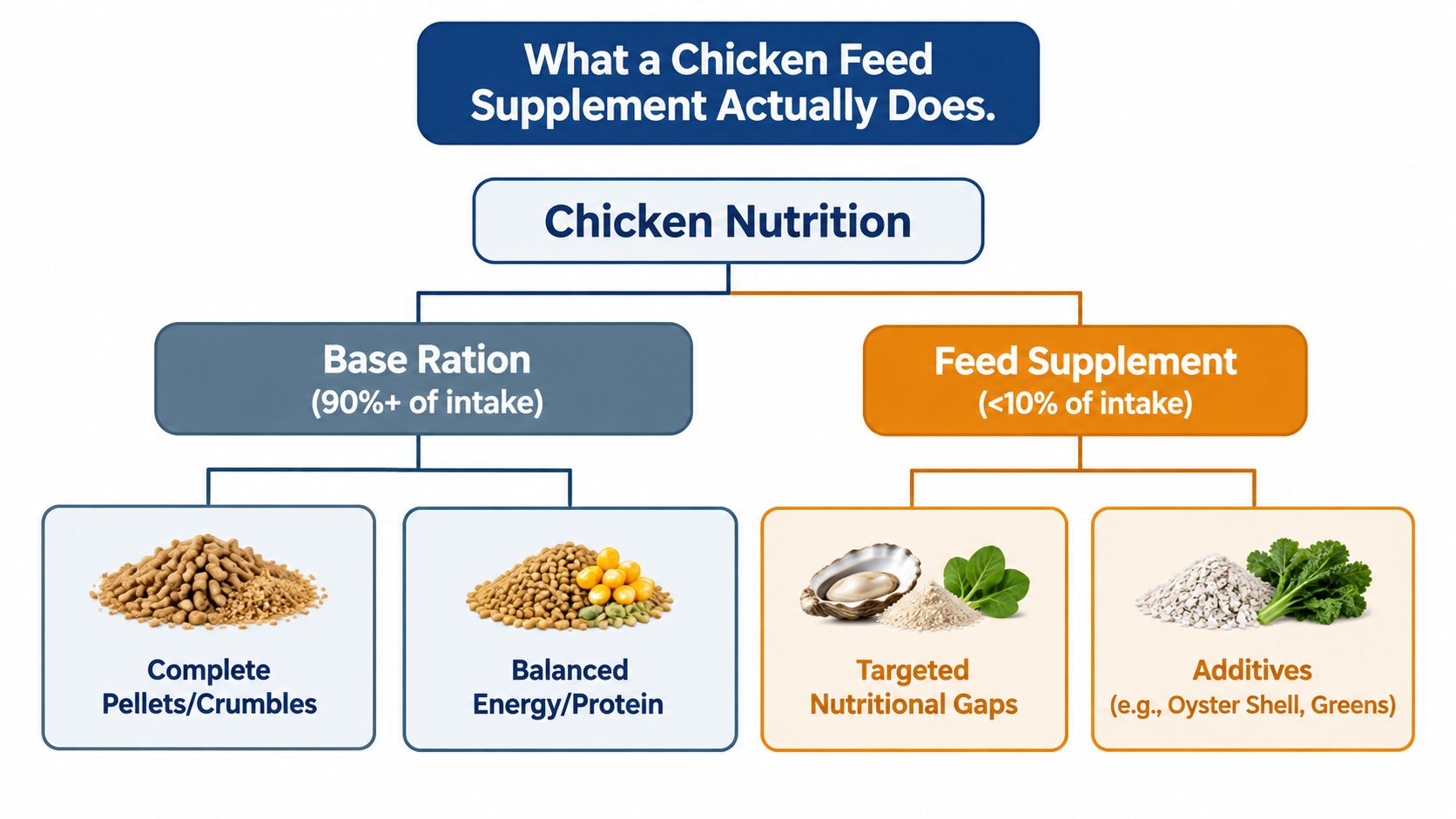 A diagram explaining that a chicken feed supplement makes up less than ten percent of nutrition.