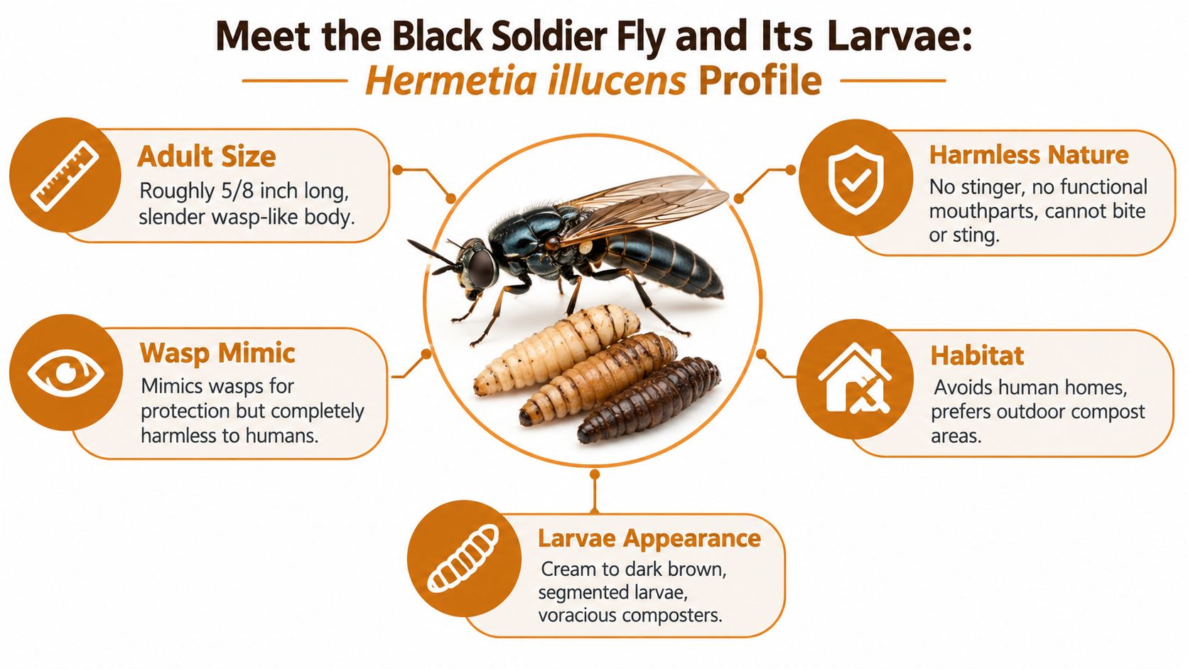 An infographic profile of the Black Soldier Fly, highlighting its harmless nature, physical characteristics, and composting habitat.