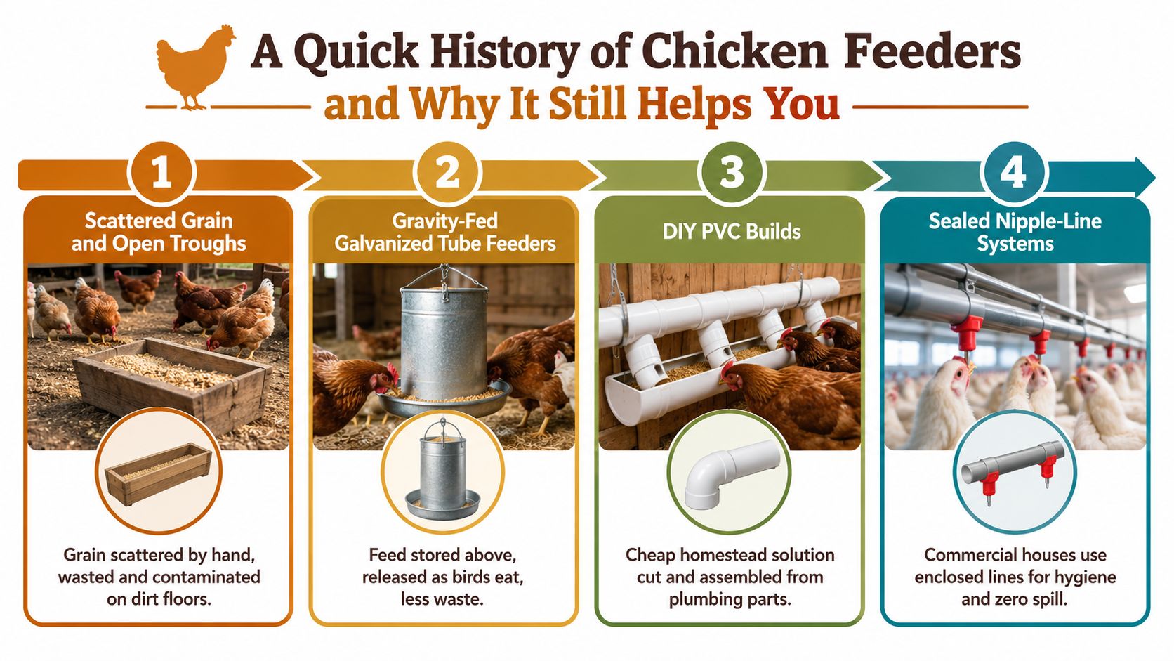 An infographic showing the evolution of chicken feeders from open troughs to modern sealed nipple-line systems.