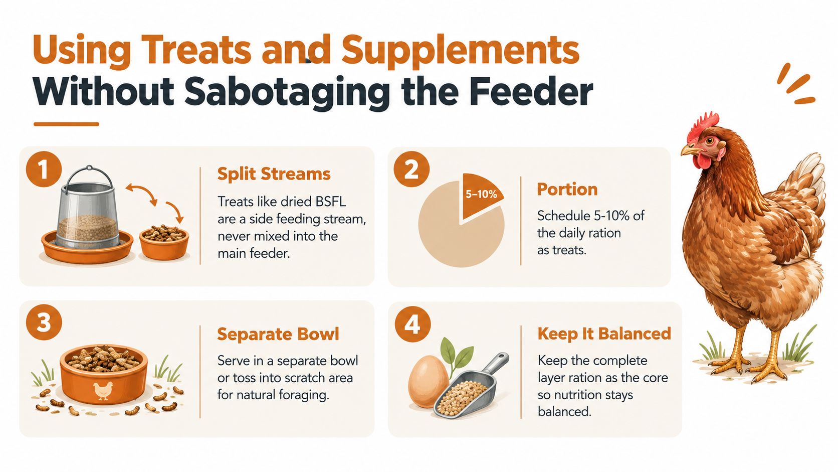 An infographic showing four steps for safely providing chicken treats and supplements without disrupting daily nutrition.