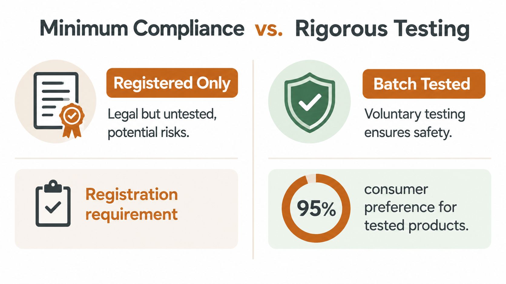 A comparison infographic showing the differences between minimum legal registration requirements and rigorous voluntary batch safety testing.