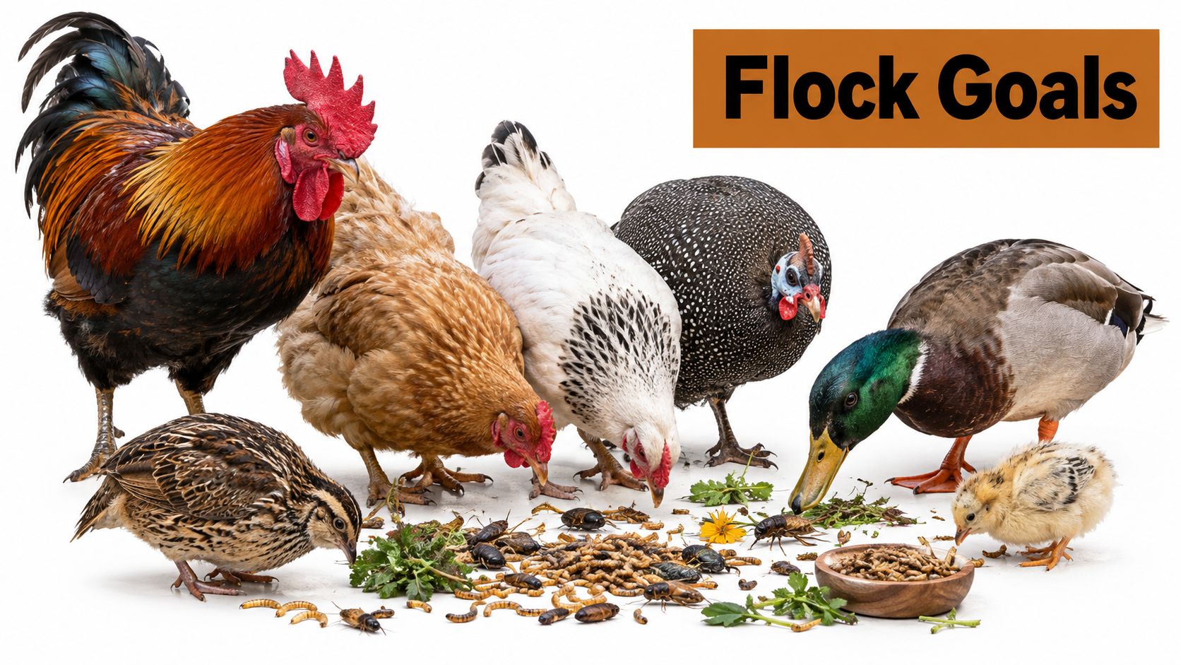A rooster, chickens, a guinea fowl, and a duck gathered around a pile of mealworms for food.