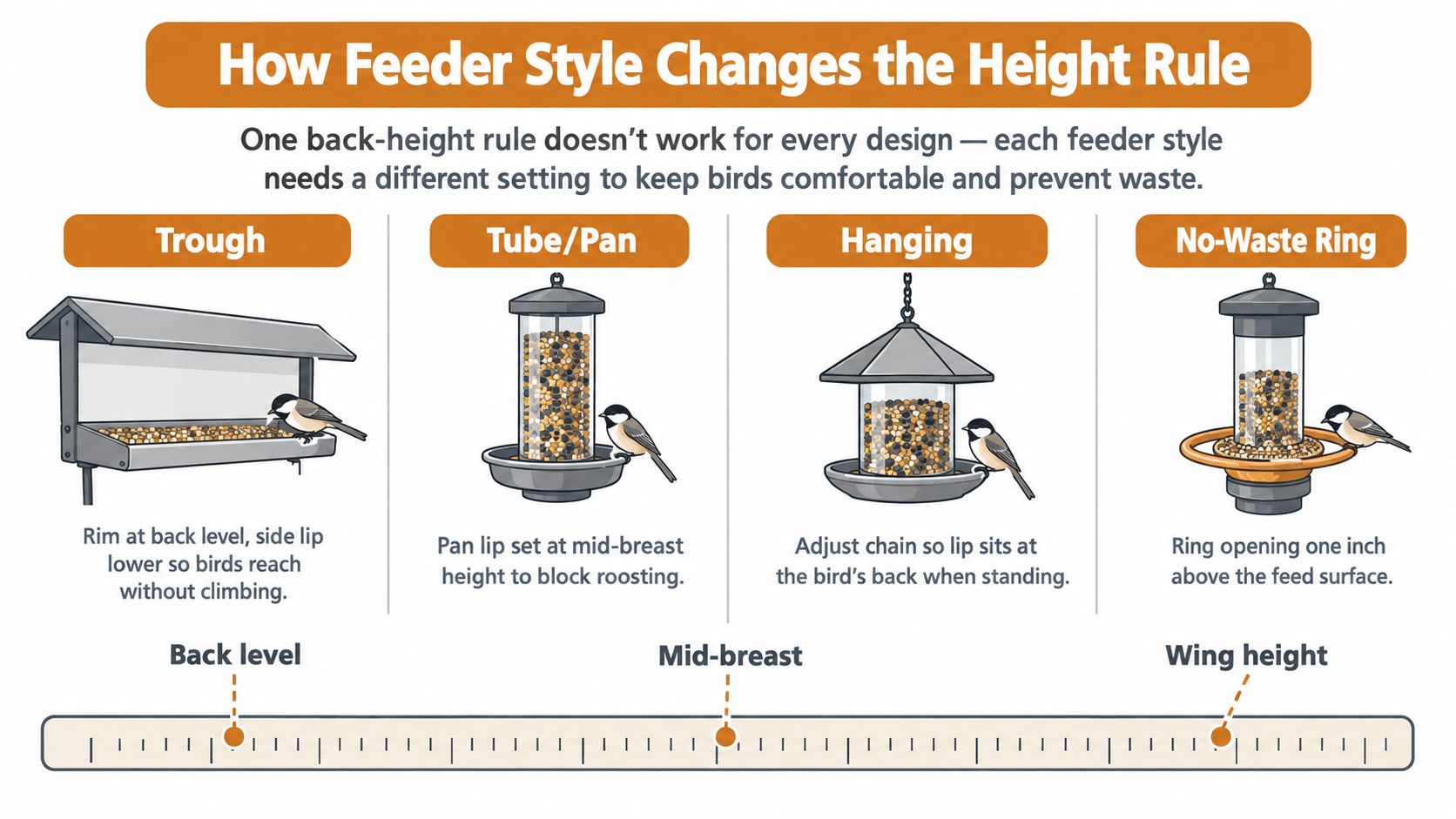 An infographic showing the optimal feeder height for different bird feeder styles to ensure bird comfort.