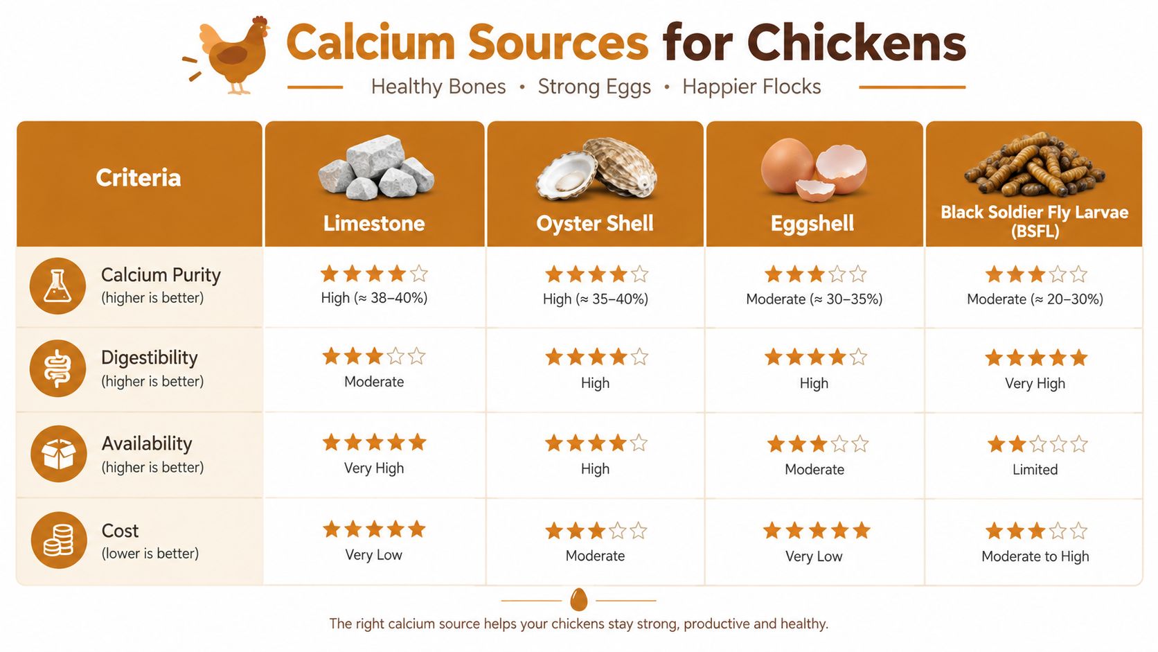A comparison chart showing calcium sources for chickens including limestone, oyster shell, eggshell, and black soldier fly larvae.