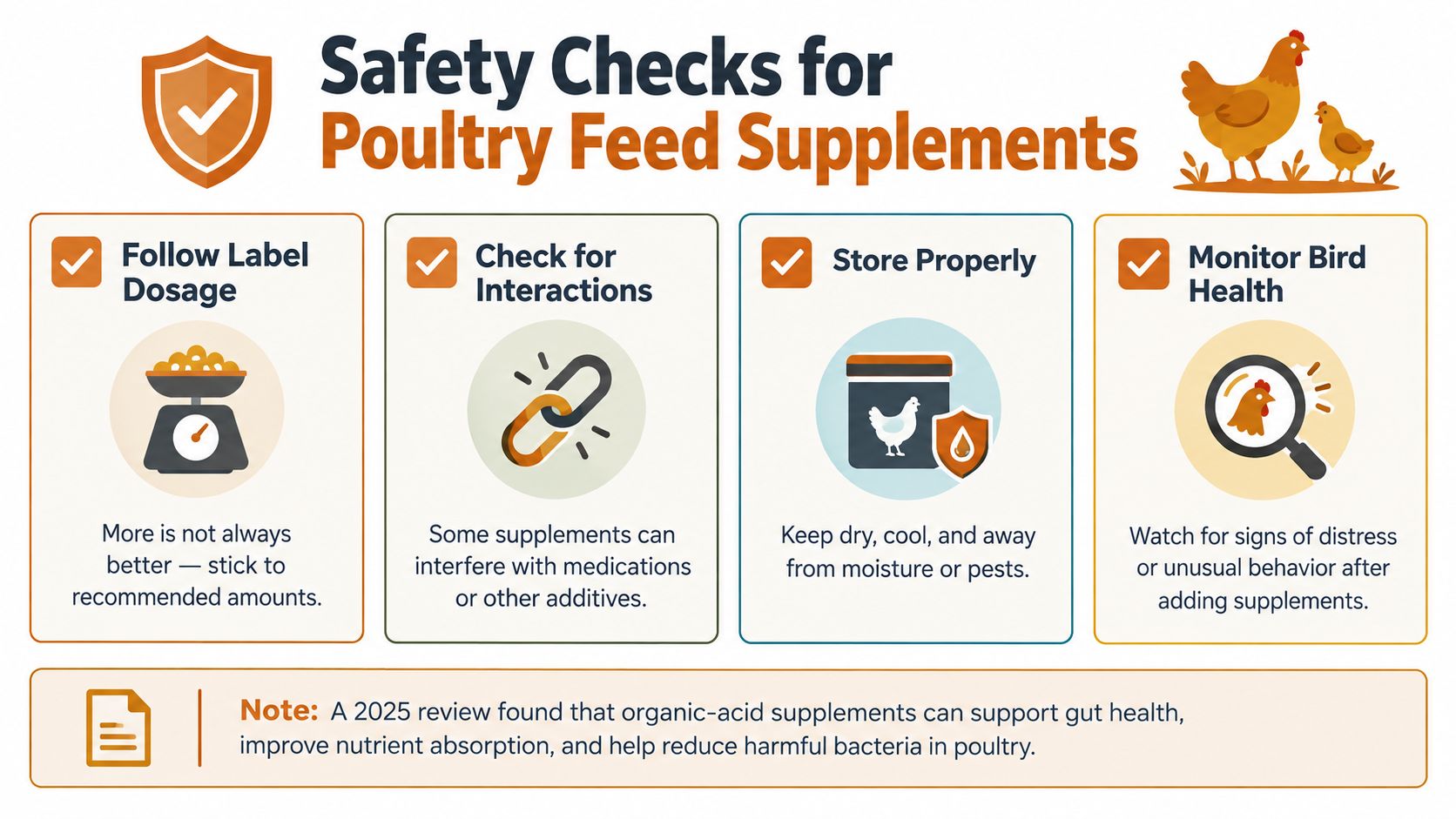 An infographic titled Safety Checks for Poultry Feed Supplements providing four essential guidelines for bird health.