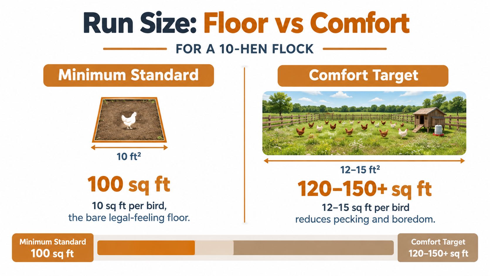 An infographic comparing the minimum and comfort space requirements for a flock of ten backyard chickens.