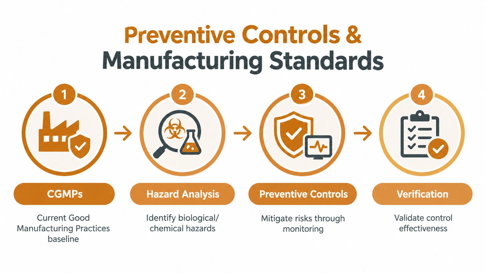 A four-step infographic illustrating FDA manufacturing standards, including CGMPs, hazard analysis, preventive controls, and verification processes.