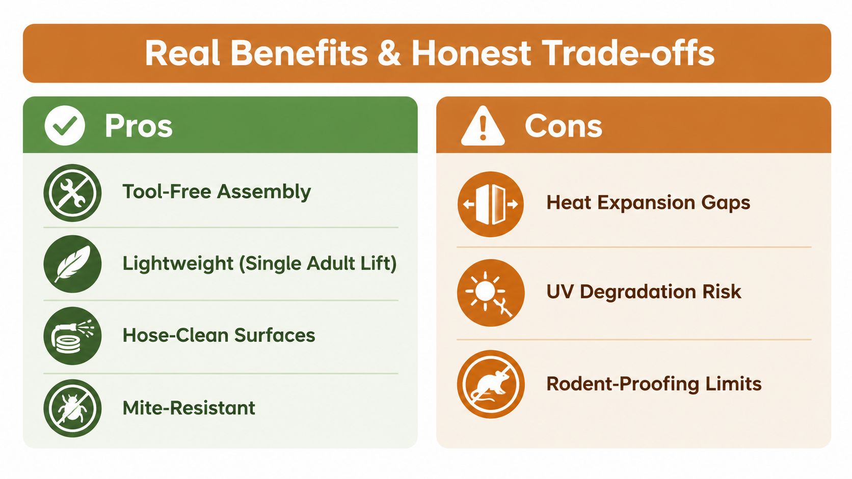 A comparison chart showing the pros and cons of snap and lock chicken coops.