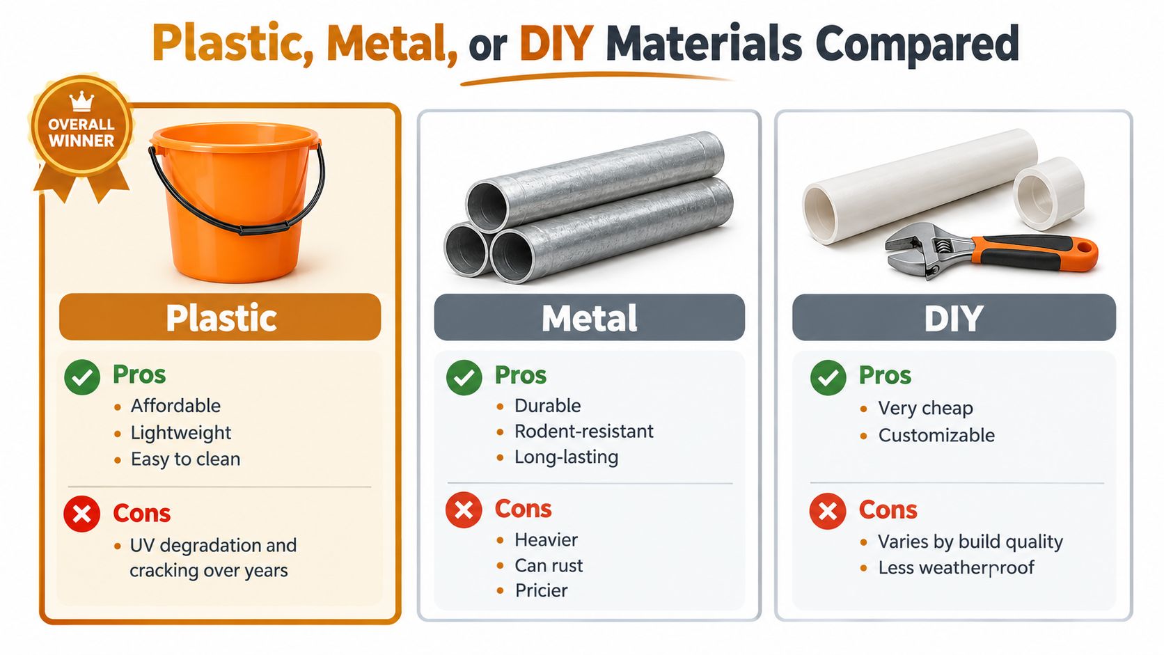 A comparison chart showing the pros and cons of plastic, metal, and DIY materials for chicken feeders.