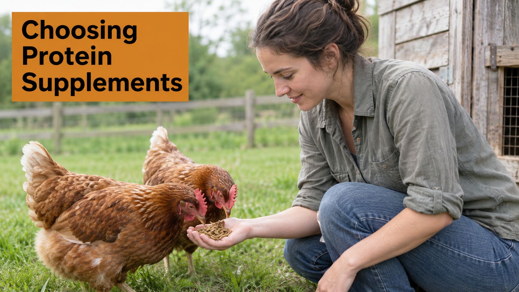 A woman kneeling in a field and hand-feeding dried mealworms to two brown chickens outdoors.