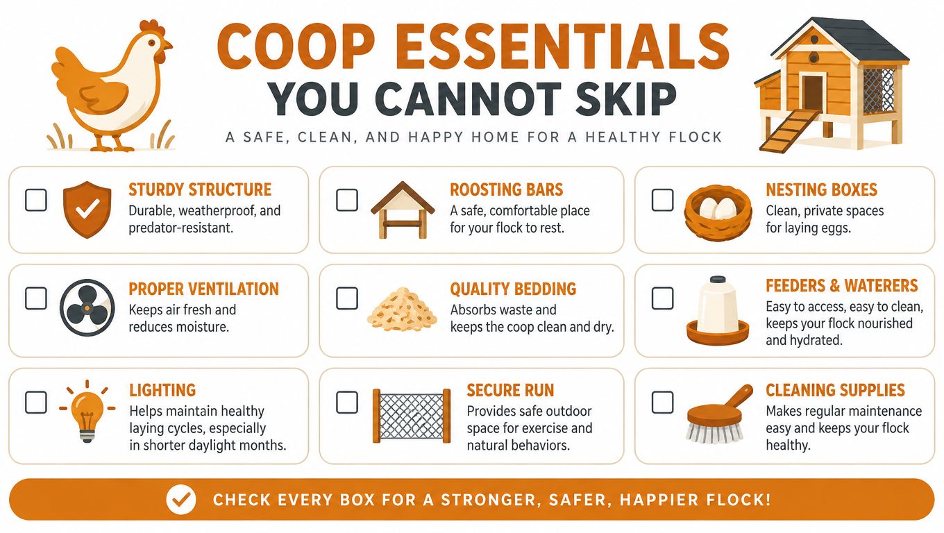 An infographic checklist for essential chicken coop features including structure, ventilation, bedding, feeders, and nesting boxes.