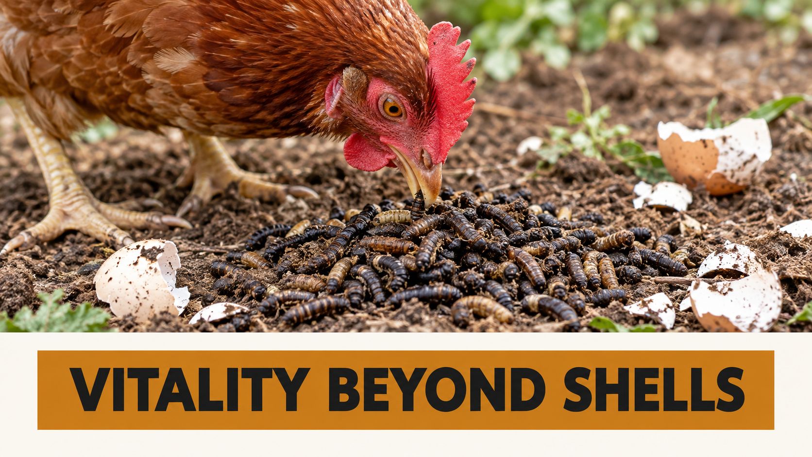 A brown chicken pecks at a pile of dark grubs on the soil near broken eggshells.