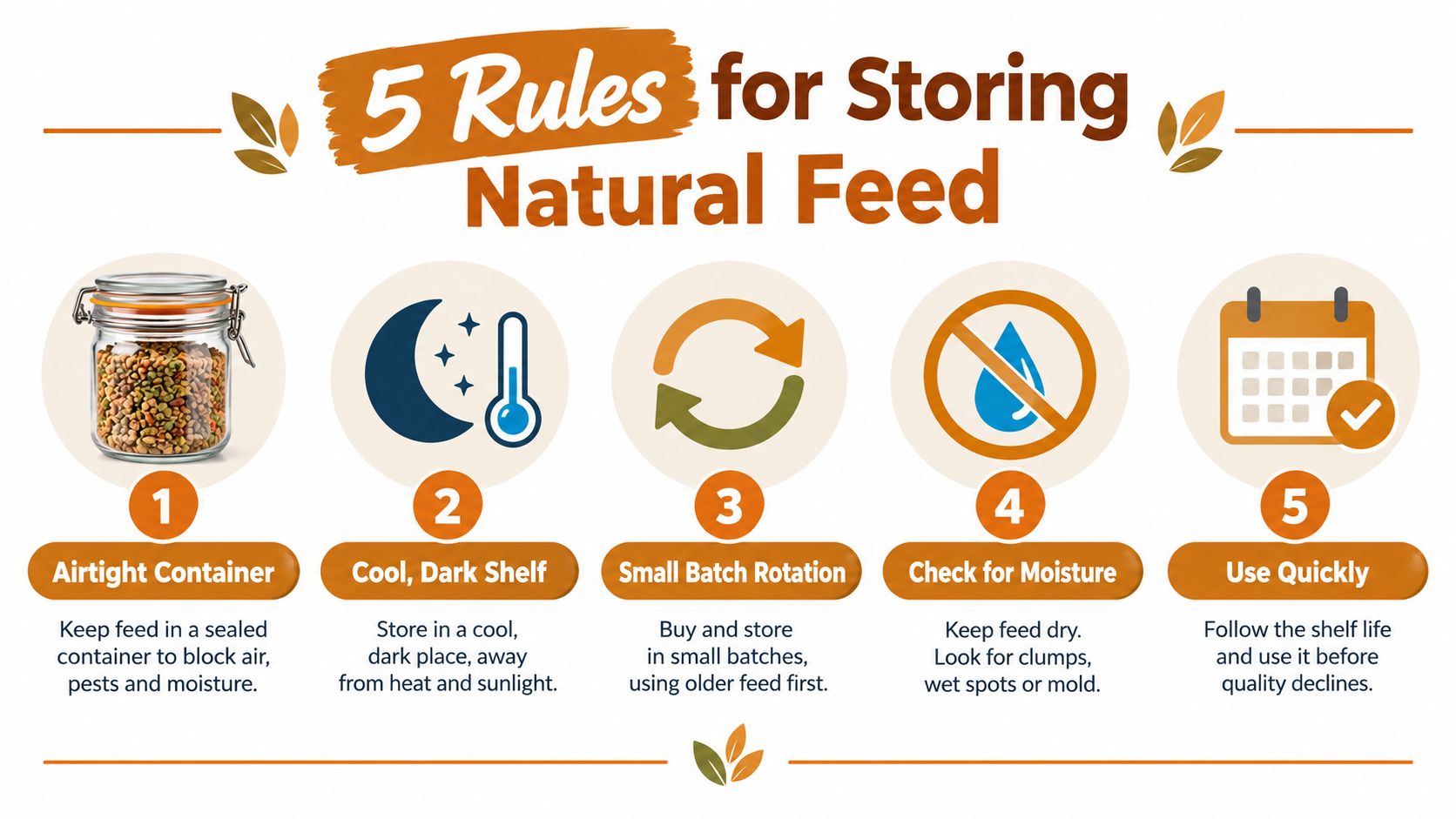 An infographic detailing five essential tips for properly storing natural animal feed to maintain its quality.