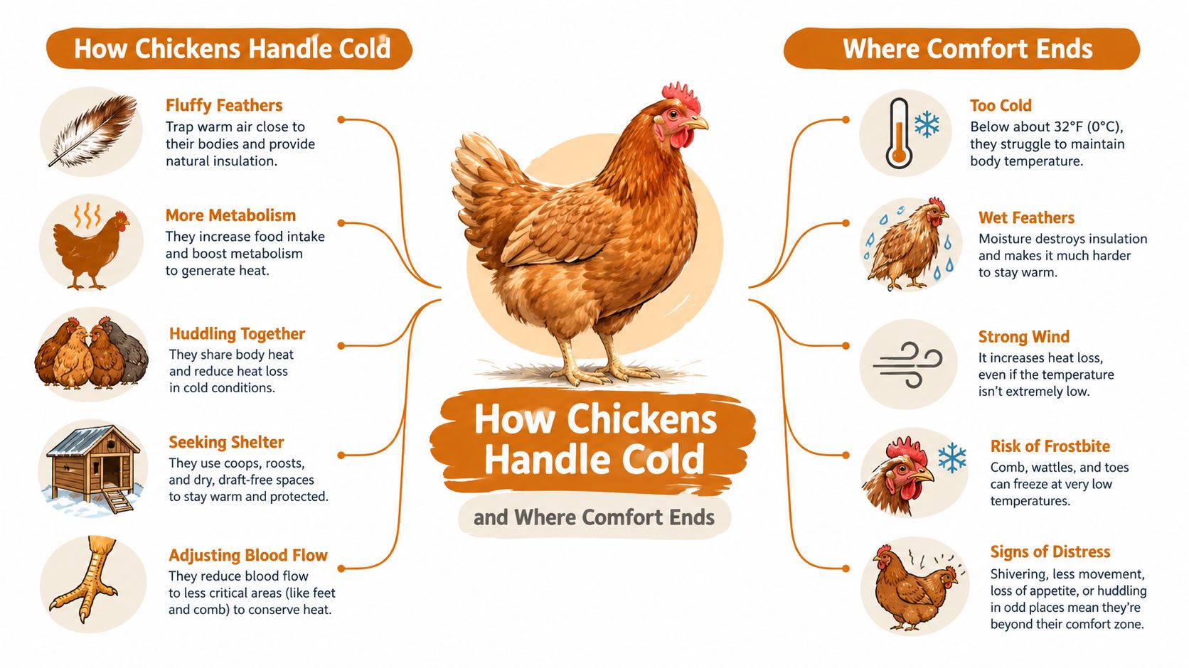 An infographic showing how chickens manage cold weather and identifying signs when temperatures become unsafe for them.