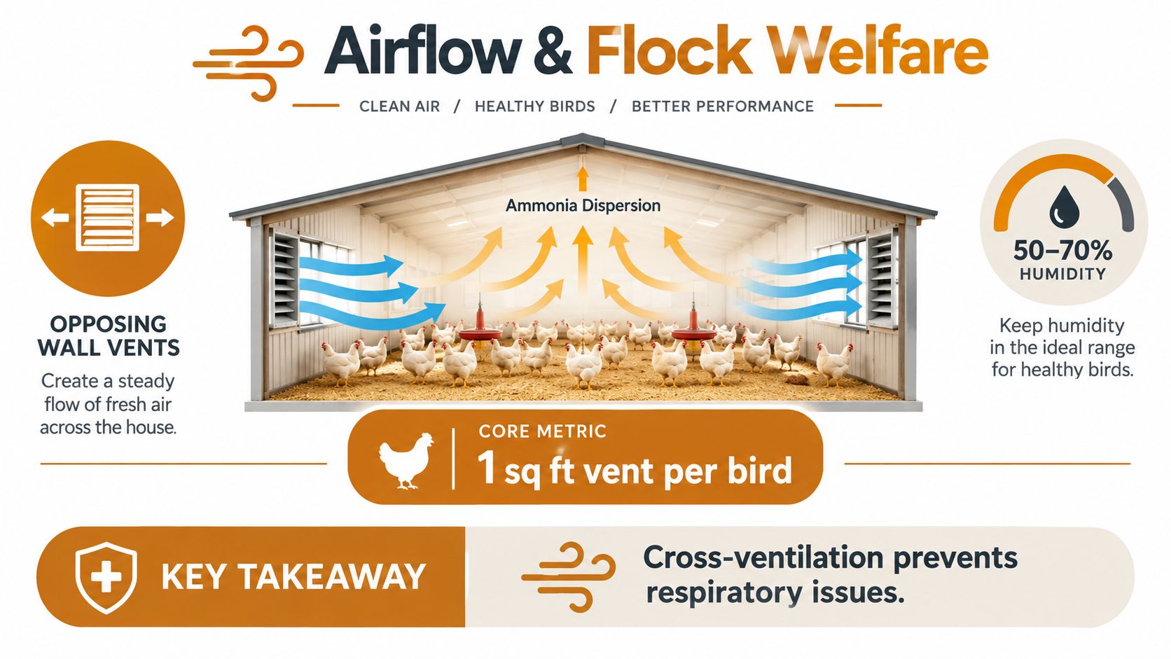 A diagram illustrating the importance of airflow, ventilation, and humidity control for healthy flock welfare in a chicken coop.