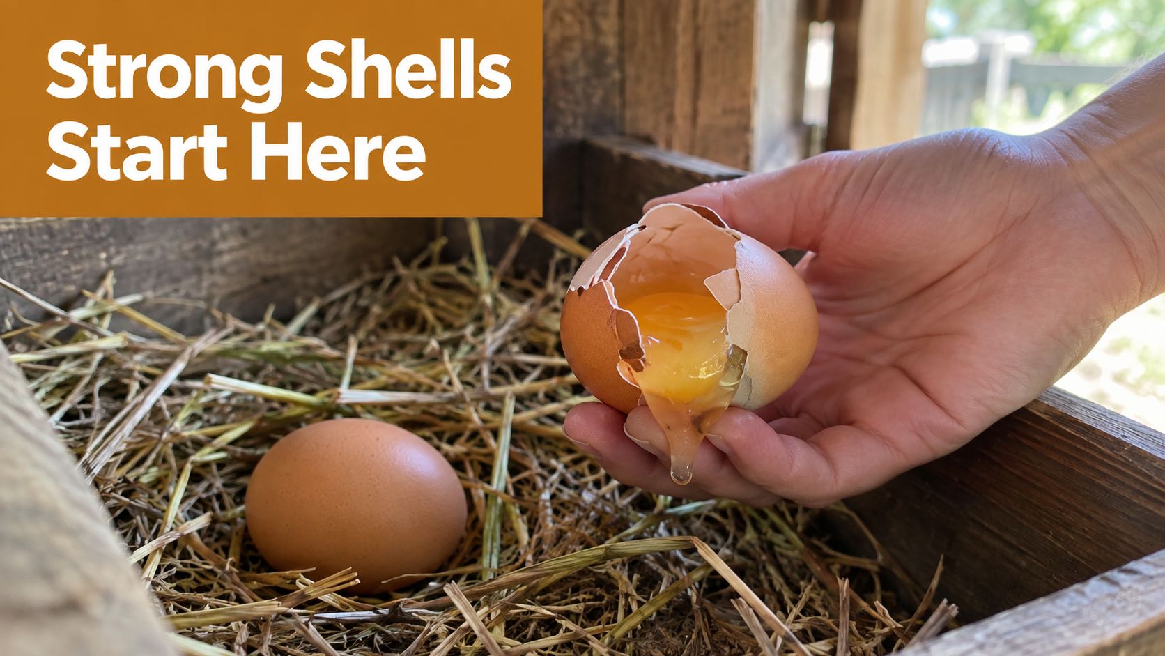 A hand holds a cracked brown egg dripping yolk inside a wooden nesting box with straw.