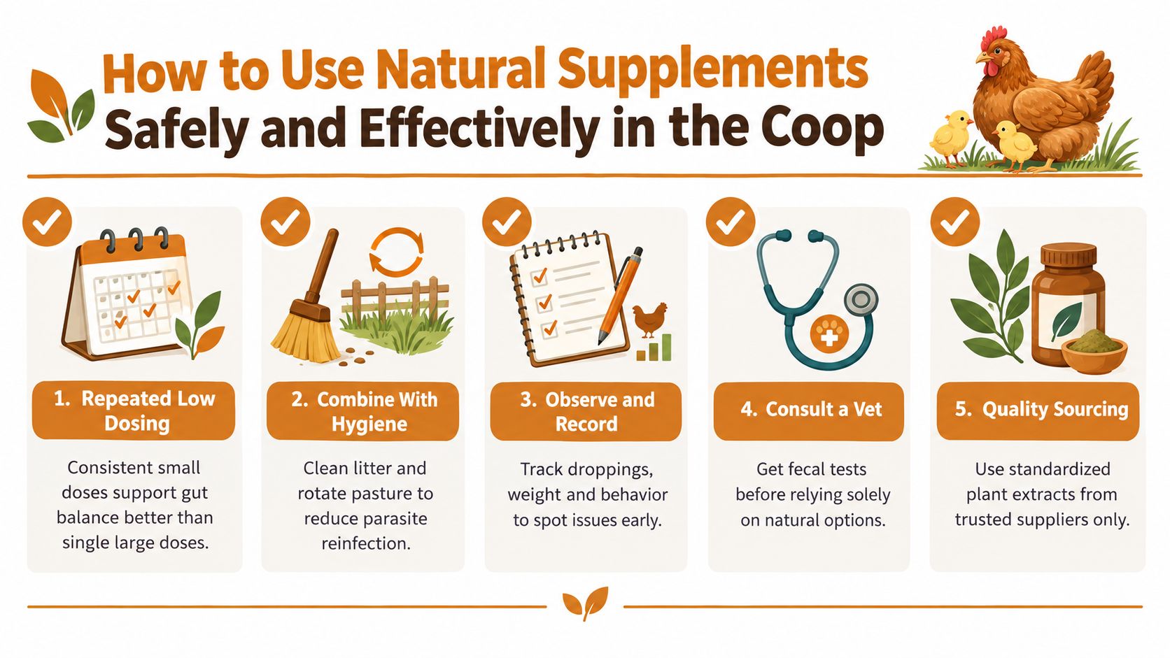 An infographic showing five essential tips for safely using natural antiparasitic supplements for backyard chickens.
