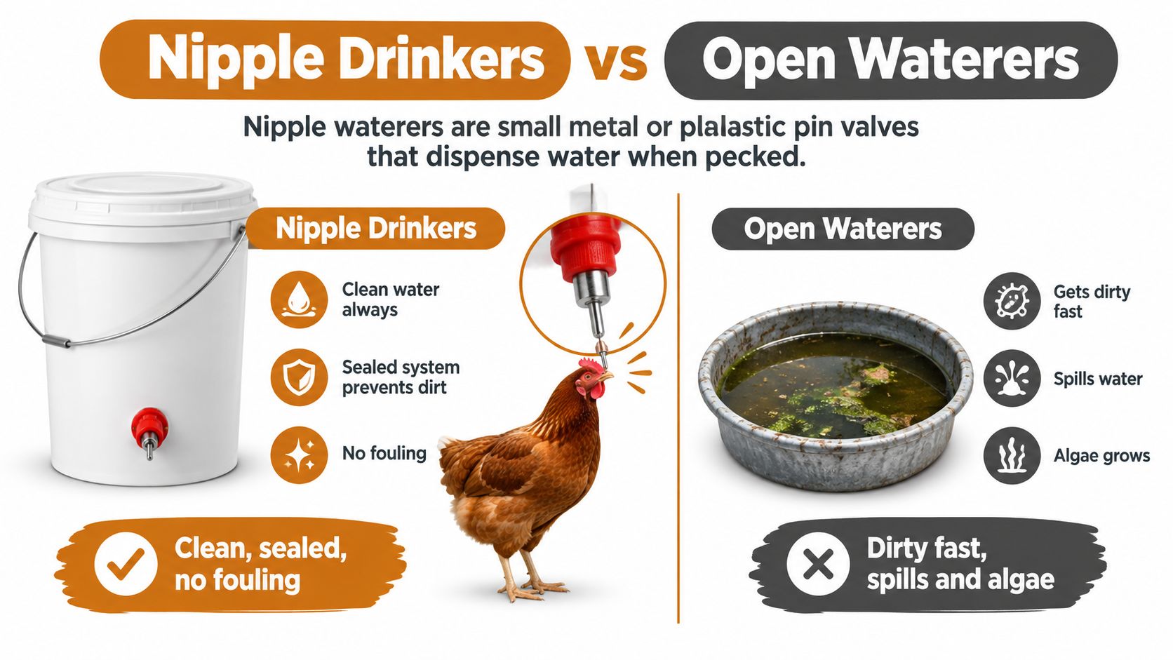 A comparative infographic showing the benefits of nipple drinkers versus open waterers for chickens.