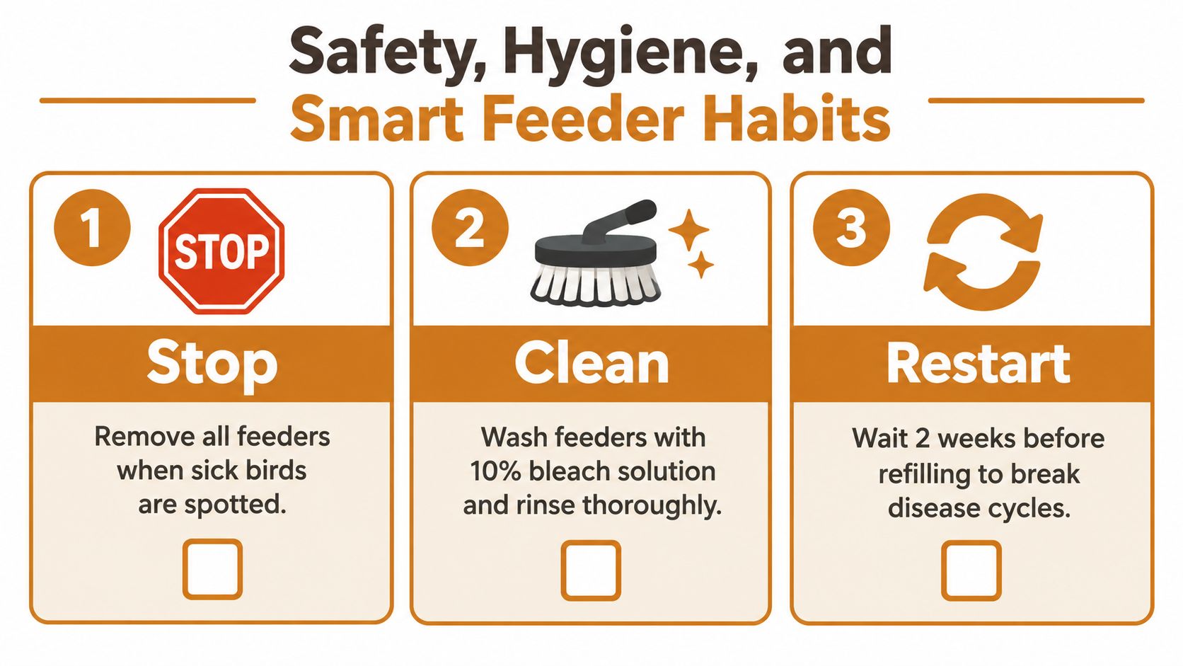 An educational infographic outlining a three-step process for ensuring bird feeder safety and hygiene.