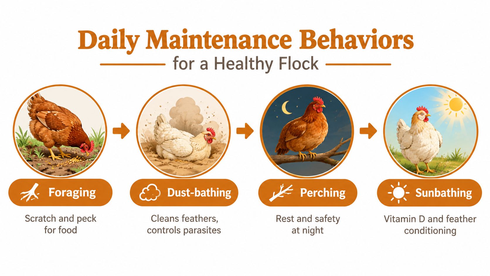An infographic illustrating four essential daily maintenance behaviors for a healthy chicken flock including foraging, dust-bathing, perching, and sunbathing.