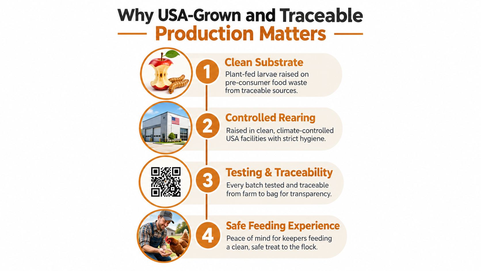 A diagram explaining the four-step process for producing safe and traceable USA-grown black soldier fly larvae.