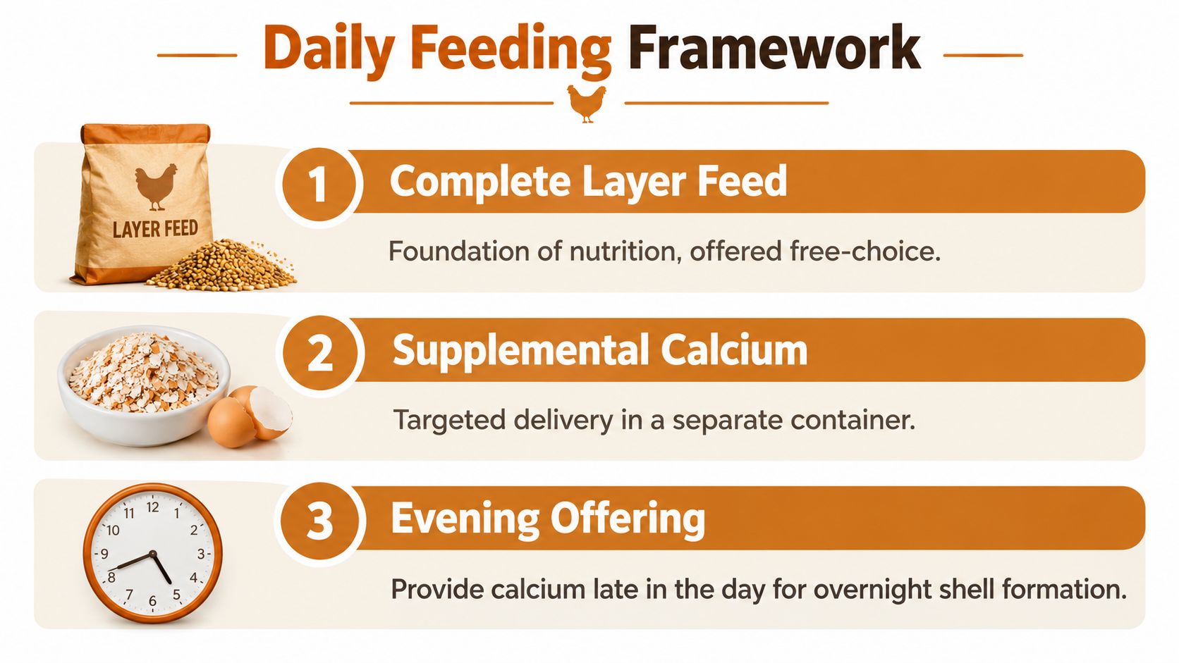 A visual guide outlining a three-step daily feeding framework for hens featuring layer feed and calcium supplements.