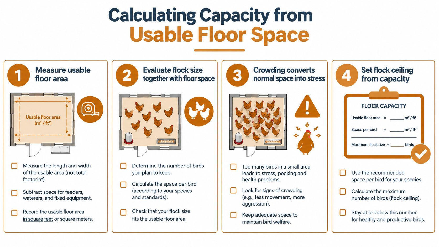 An infographic showing four steps for calculating the appropriate poultry flock size based on usable floor space.