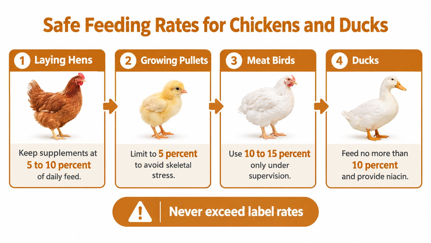 An infographic showing safe poultry protein supplement feeding rates for laying hens, pullets, meat birds, and ducks.