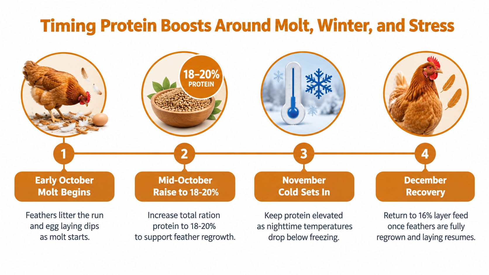 A four-step infographic explaining how to manage chicken feed protein levels during molt and winter months.
