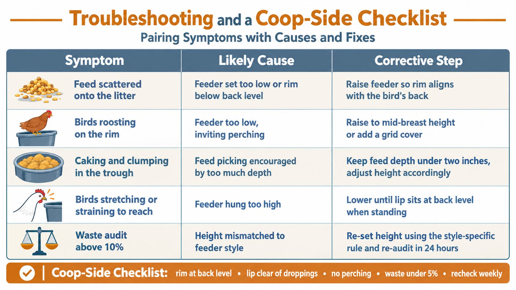 A troubleshooting chart for chicken feeder height, detailing common issues, likely causes, and effective corrective solutions.