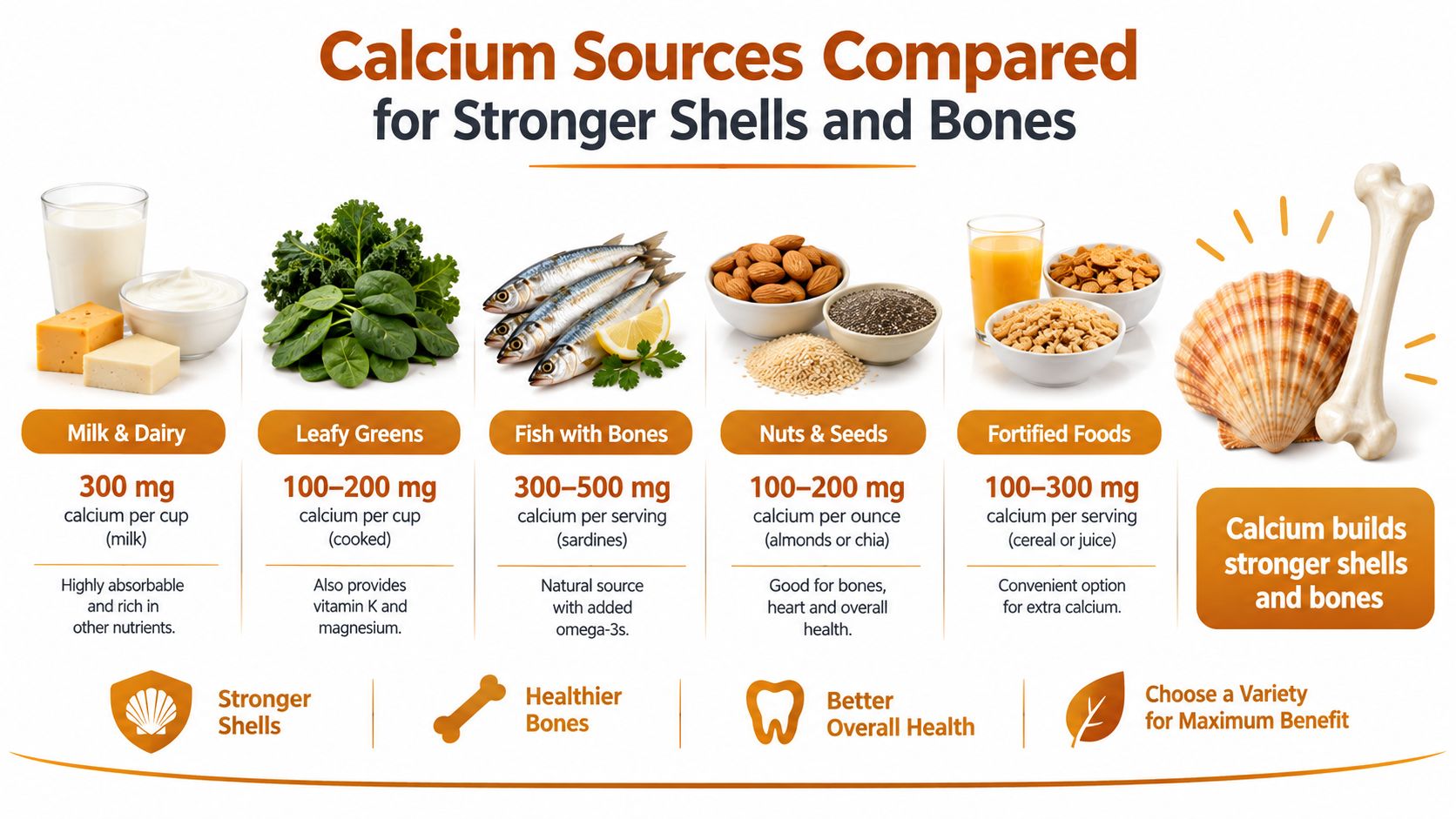 A comparison chart showing various calcium sources like dairy, greens, fish, nuts, and fortified foods for health.
