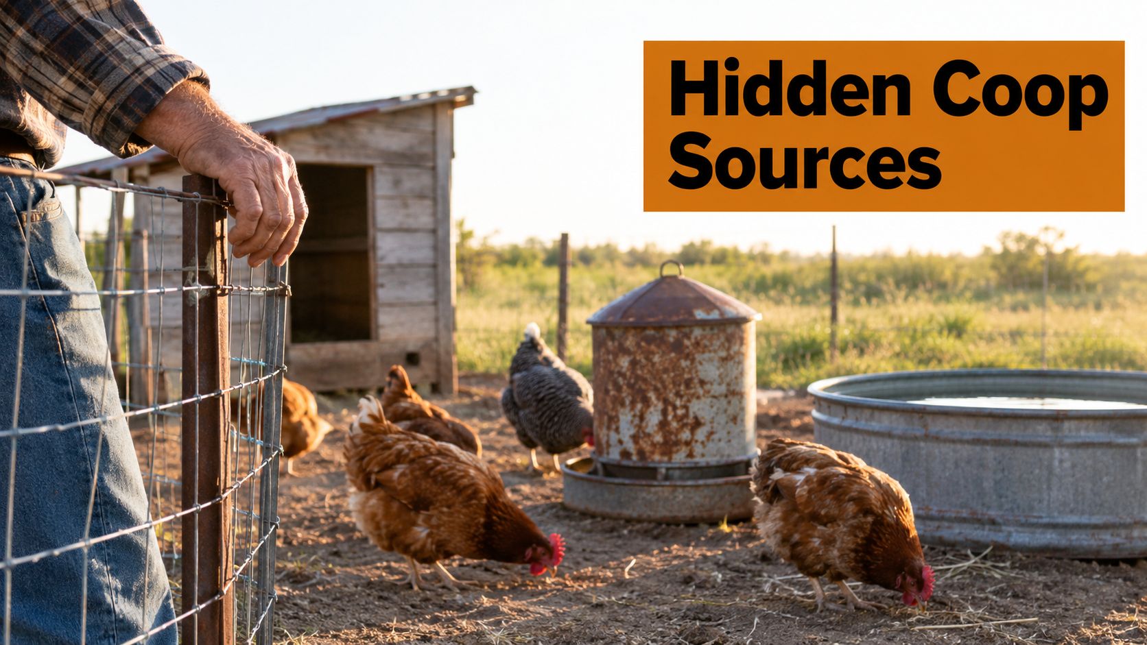 A farmer standing by a wire fence near a chicken coop with chickens foraging outdoors at sunset.
