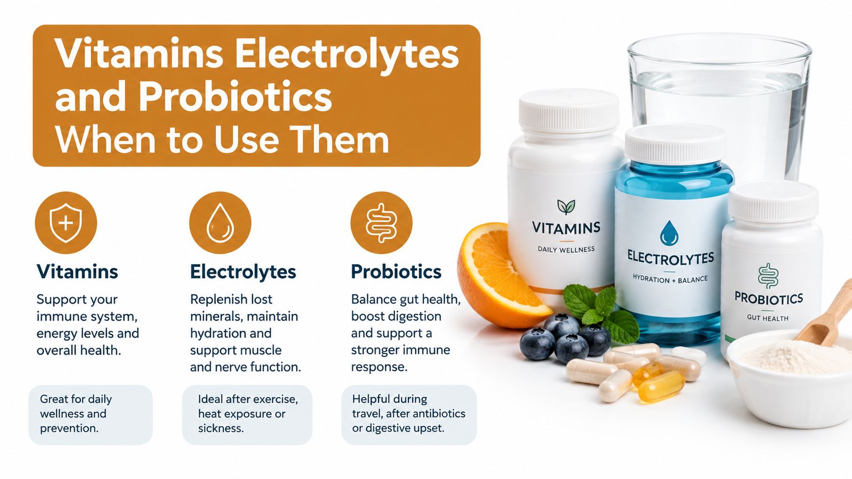A visual guide illustrating the benefits and recommended usage times for vitamins, electrolytes, and probiotic health supplements.