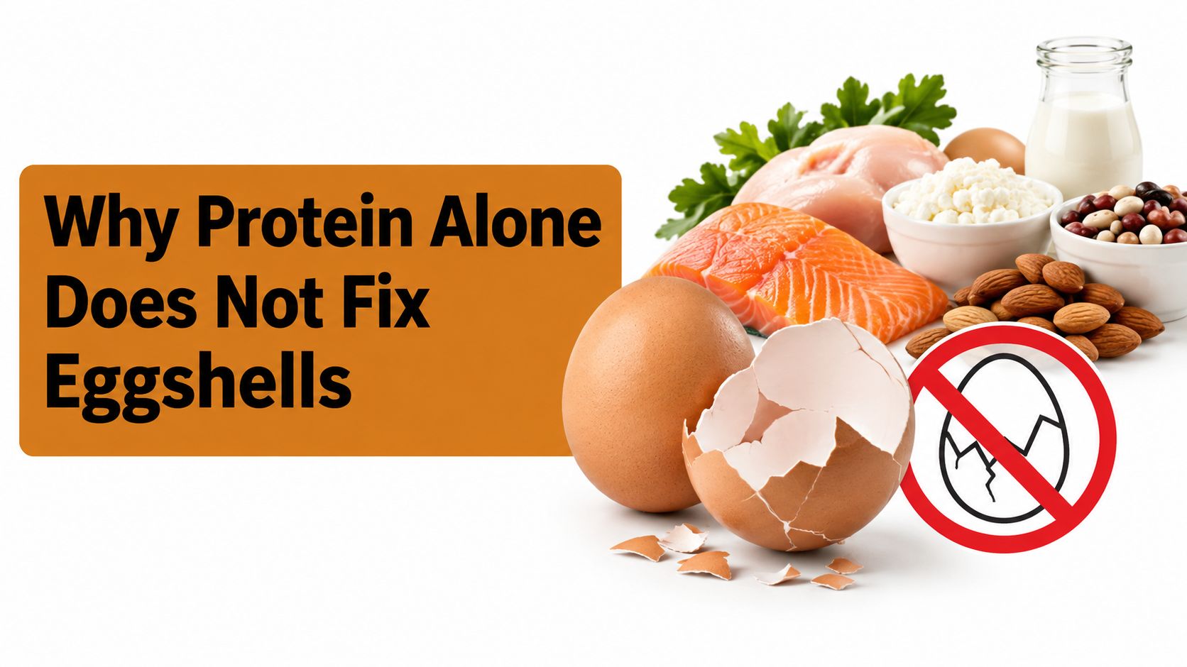 A conceptual graphic illustrating that protein intake alone does not repair or strengthen poultry eggshells.