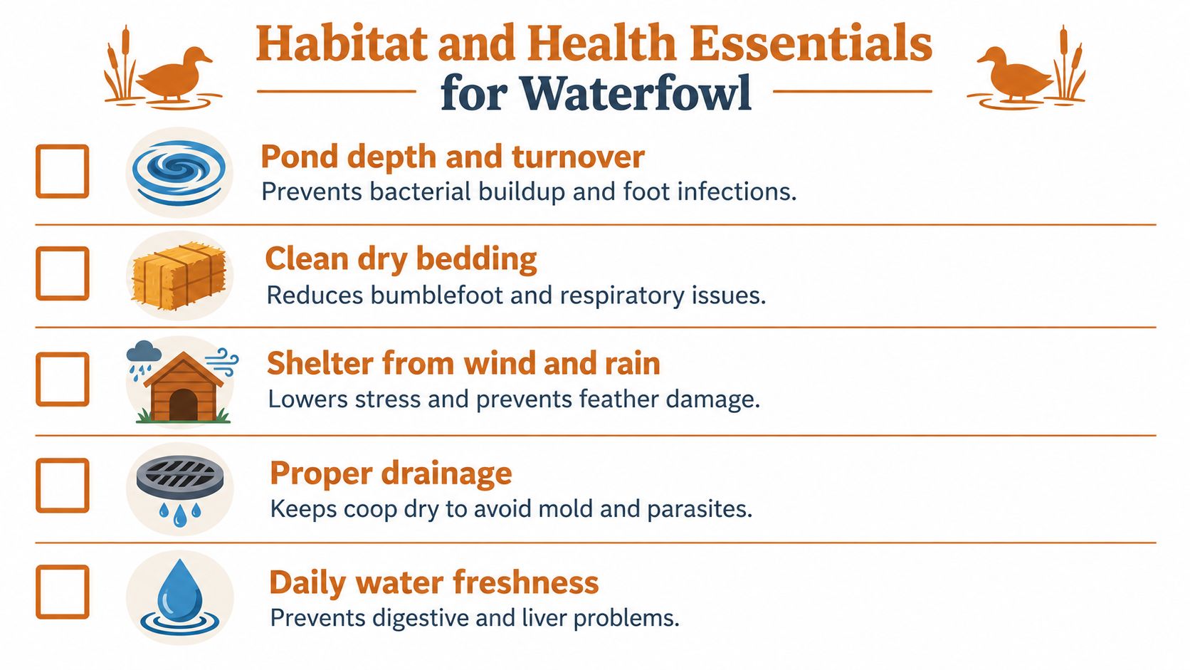 An infographic checklist outlining essential habitat and health tips for maintaining healthy ducks and other waterfowl.