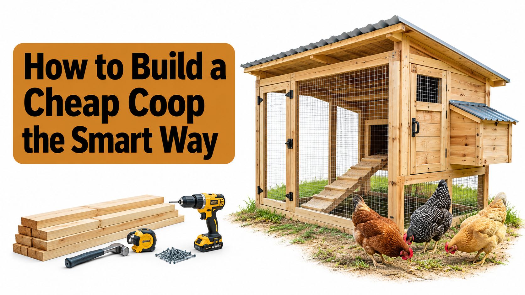 A wooden chicken coop for backyard poultry with DIY construction tools including a drill, hammer, and lumber.