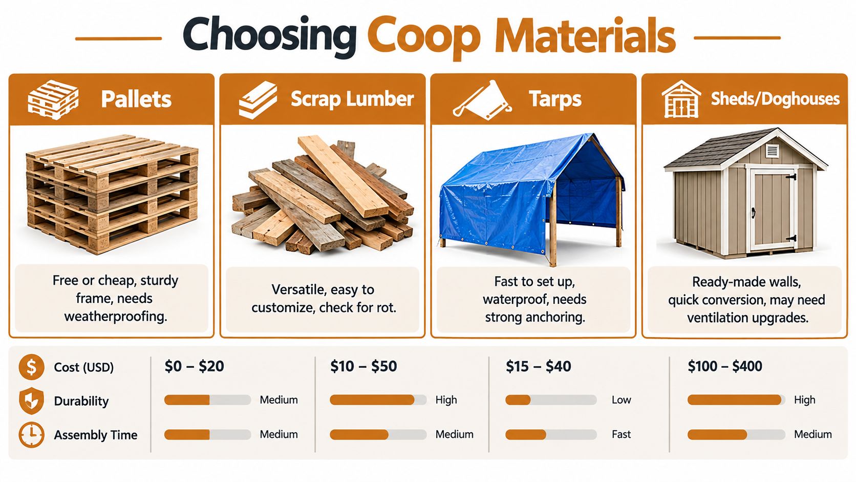 A comparison chart showing common materials for building a makeshift chicken coop including pallets, scrap lumber, tarps, and sheds.